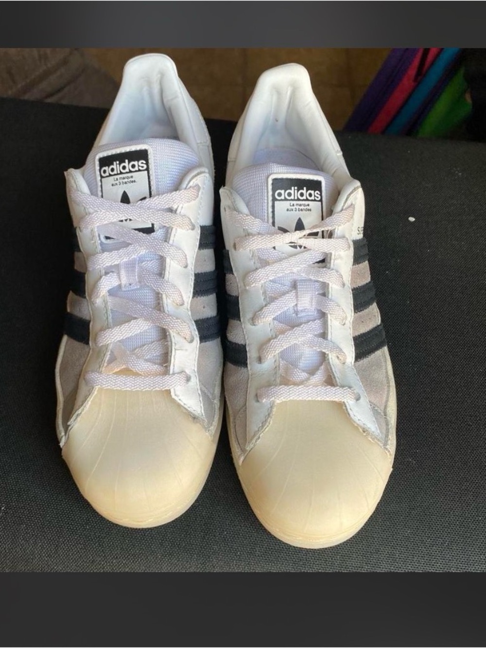 adidas Women’s White Sneakers with Black Stripes and Cream Shell Toe